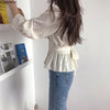 2023 Fall Autumn Design Chic Tops Korea Japan Style Slim Waist Bow Ribbon Lace-Up Peplum Blouse Single Breasted Dot Shirts