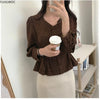 2023 Fall Autumn Design Chic Tops Korea Japan Style Slim Waist Bow Ribbon Lace-Up Peplum Blouse Single Breasted Dot Shirts