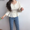 2023 Fall Autumn Design Chic Tops Korea Japan Style Slim Waist Bow Ribbon Lace-Up Peplum Blouse Single Breasted Dot Shirts