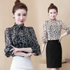 2023 Blouse Office Elegant Lady Chiffon Tops Female Spring Autumn Stand Collar Long Flare Sleeve Star print Print Shirt