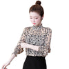 2023 Blouse Office Elegant Lady Chiffon Tops Female Spring Autumn Stand Collar Long Flare Sleeve Star print Print Shirt