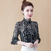 2023 Blouse Office Elegant Lady Chiffon Tops Female Spring Autumn Stand Collar Long Flare Sleeve Star print Print Shirt