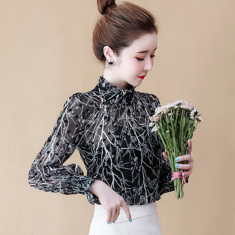 2023 Blouse Office Elegant Lady Chiffon Tops Female Spring Autumn Stand Collar Long Flare Sleeve Star print Print Shirt