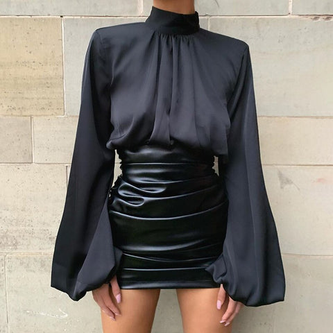 2023 Lantern Sleeve Blouse Shirt Solid Elegant Casual High Collar Blusas Tops OL Office Lady Shirt Plus Size XZ727