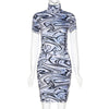 Printed Women Mini Dress Short Sleeve Mesh Sheer Bodycon Perspective Sexy Party Club Dresses