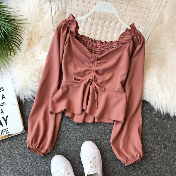 2023 Spring Autumn Elastic Tie Blouse Women Blusa lantern sleeve Shirt camisas mujer Blouses Casual Long Sleeve Top