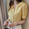 2023 Women Plaid Shirt Chic Checked Blouse Short Sleeve Female Casual Button Shirts Loose Tops