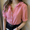 2023 Women Plaid Shirt Chic Checked Blouse Short Sleeve Female Casual Button Shirts Loose Tops