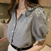 2023 Women Plaid Shirt Chic Checked Blouse Short Sleeve Female Casual Button Shirts Loose Tops