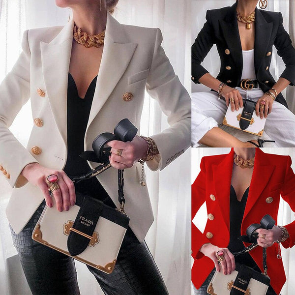 2023 Female Blazers Suit Jacket Elegant Chic Double Breasted Women Blazer Female Ladies Long Sleeve Red Black White Button