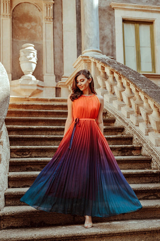 2023 Ins Internet Celebrity Famous Dress Color Gradient Belted Ruched Summer Sweet Maxi Dress