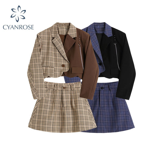 2022 Long Sleeve Plaid Blazer Short Coat Jacket & A-line Skirt 2 Pieces Skirt Suit Korean Female Office Ladies Blazer Suit
