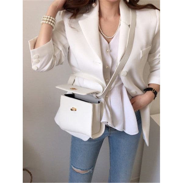 2023 s Temperament Women 's Blazer Korean Chic Minimalist Notched Collar Pocket Long-sleeved Loose Outwear Female