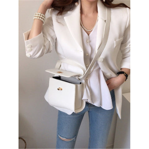 2023 s Temperament Women 's Blazer Korean Chic Minimalist Notched Collar Pocket Long-sleeved Loose Outwear Female