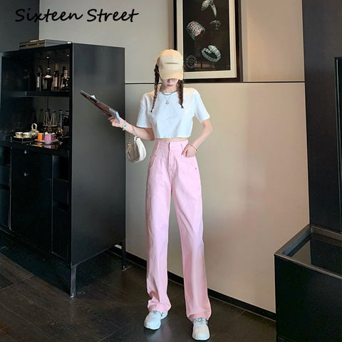 2022 Autumn Pink Jeans Women High Waist Straight Ladies Trousers Female Denim Korean Y2k Casual Cute Cotton Vintage