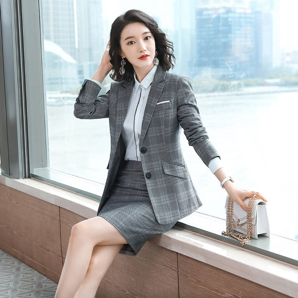 2022 Autumn Winter Grid Single-breasted Office Ladies Women  Suits Dress Blazer Skirts 2 Pieces Sets Plus Size S-4XL Clothes