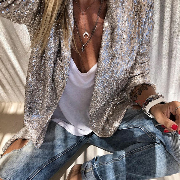 2022 New DUUTI Long Sleeve Open Front Sequin Coat Women Casual Female Jacket Sequin Coat Notchedlepel Out Wear Ladies For Party