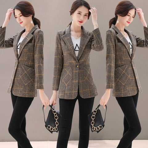 2023 Business Interview Thicken Plaid Suits Women Work Office Ladies Long Sleeve Spring Vintage Blazer And Coat