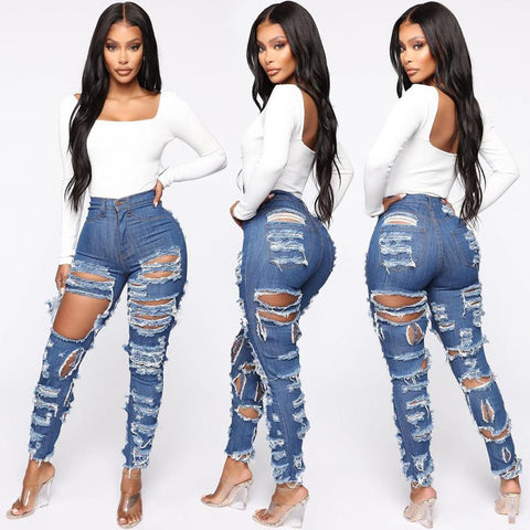 2022 Woman Ripped Jeans High Waist Stretch Denim Pencil Pants Street Trendy Slim Jeans XS-XL Drop shipping