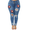 2022 High Waist Plus Size Jeans For Women Red Lips Printed Ripped Denim Pencil Pants Elastic Casual Jeans L-5XL