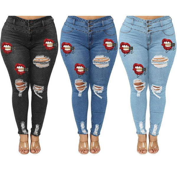 2022 High Waist Plus Size Jeans For Women Red Lips Printed Ripped Denim Pencil Pants Elastic Casual Jeans L-5XL