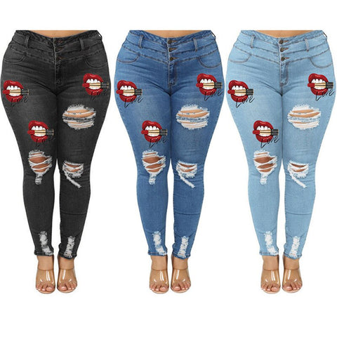 2022 High Waist Plus Size Jeans For Women Red Lips Printed Ripped Denim Pencil Pants Elastic Casual Jeans L-5XL