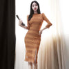 2022 Korea Slim Embroidery Out Lace Dress Women Stand Collar Seven quarter sleeve Package hip Split Dress