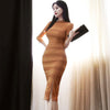 2022 Korea Slim Embroidery Out Lace Dress Women Stand Collar Seven quarter sleeve Package hip Split Dress