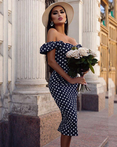 2022  Sexy Women Off Shoulder Short Sleeve Bodycon Dress Formal Party Slim Polka Dot Dresses Ladies Elegant Vintage Dresses