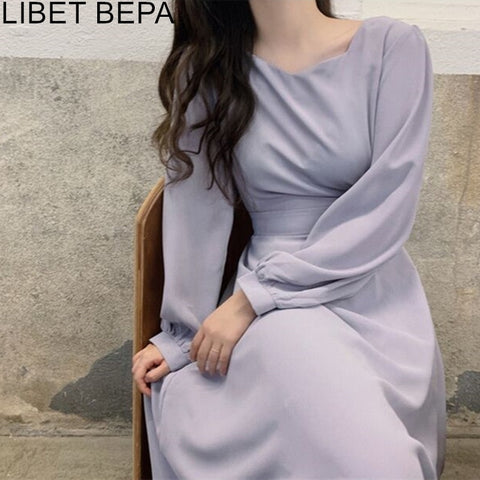 2022 Spring Autumn Women Dresses V-Neck Lace Up High Waist Solid Oversize Korean Elegant Vintage Ladies Midi Dresses DR2191