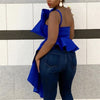 2023 Spring Summer Ruffles Blouse Women Ladies Casual One Shoulder Blue Shirt Sleeveless Backless African Tops Blusas Female