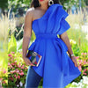 2023 Spring Summer Ruffles Blouse Women Ladies Casual One Shoulder Blue Shirt Sleeveless Backless African Tops Blusas Female
