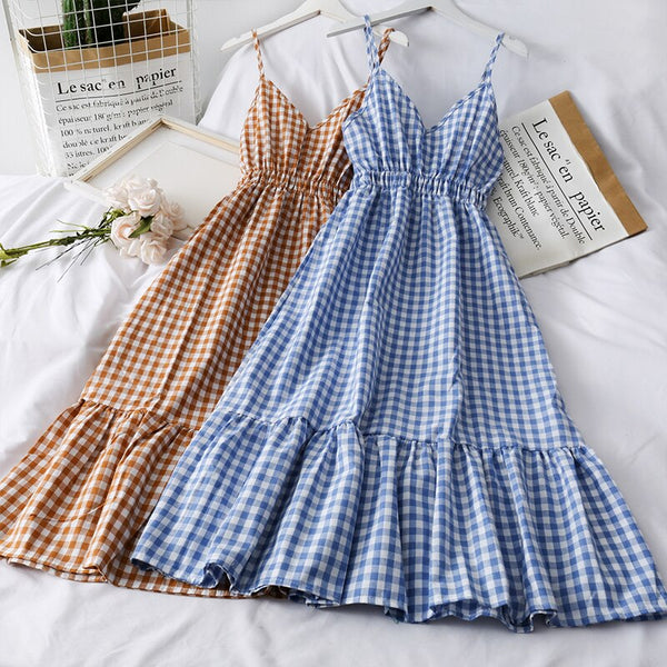 2022  Summer Women Dress V-Neck Plaid Strap Dress Sleeveless Beach Long Elegant Vintage Party Dresses Vestidos P555