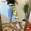 2022 Trend Sunflowers Printed Light Blue Jeans fit women young Girls soft denim long pant patchwork Harem hight waist jeans