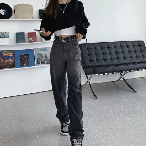 2022 Vintage Jeans For Women Woman Long Trousers Female Loose Streetwear chic high waist Grey High Waist Boyfriend Jeans