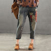 2022 Women Spring Denim Jeans Brand Vintage Cartoon Print Female Casual Frayed Pants with pockets straight Trousers