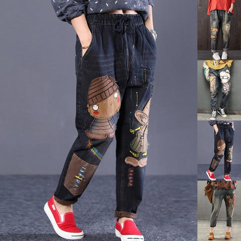 2022 Women Spring Denim Jeans Brand Vintage Cartoon Print Female Casual Frayed Pants with pockets straight Trousers
