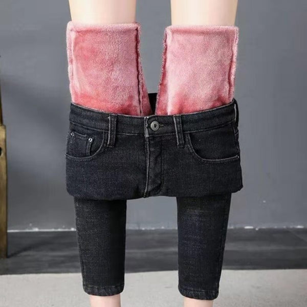 2022 Women Trousers Winter Warm Denim Jeans Pants Skinny Slim Fit Velvet Fleece Lined Thick Pencil Pant