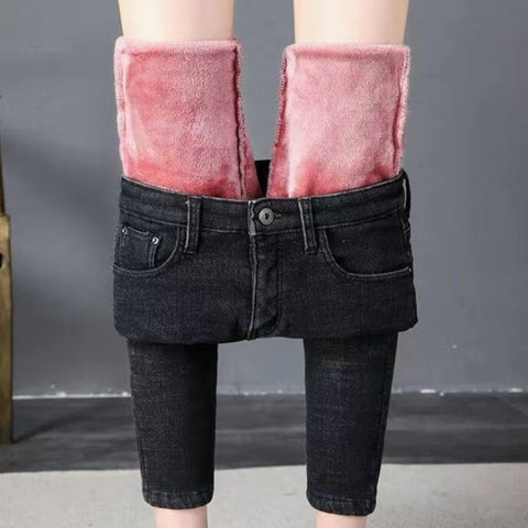 2022 Women Trousers Winter Warm Denim Jeans Pants Skinny Slim Fit Velvet Fleece Lined Thick Pencil Pant