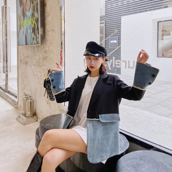 2022 spring Women Denim jacket women coat high quality Lapel Patchwork Denim Blazer Women Clothing BC835