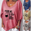 2023 Plus Size Women Letter Print Shirt Blouse Casual Summer Short Sleeve Loose Shirts Ladies Sexy V Neck Tops Blusa Streetwear