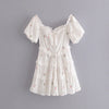 2022 Retro Embroidery Floral Dot Stitching Lace Wood ears Off Shoulder Dress Woman White Short Sleeve Mini Dresses Holiday Robe