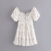 2022 Retro Embroidery Floral Dot Stitching Lace Wood ears Off Shoulder Dress Woman White Short Sleeve Mini Dresses Holiday Robe