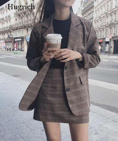2022 Retro Plaid Blazer Set Single-breasted Jacket & Pencil Skirt 2 Pieces Skirt Suit Female Office Ladies Blazer Suit