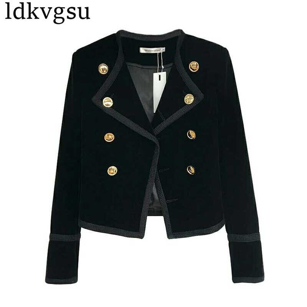 2022 Runway Women Short Jacket Spring Autumn Coat Double Breasted Blazer Suit Female Velvet Black Slim Outwear A1343