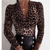 2023 Sexy Leopard Blus Wanita Kasual Lengan Panjang Mendalam V Leher Bodycon Top Wanita Elegan Kantor Wanita Blus Kemeja Mujer Blusas