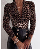 2023 Sexy Leopard Blus Wanita Kasual Lengan Panjang Mendalam V Leher Bodycon Top Wanita Elegan Kantor Wanita Blus Kemeja Mujer Blusas