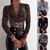 2023 Sexy Leopard Blus Wanita Kasual Lengan Panjang Mendalam V Leher Bodycon Top Wanita Elegan Kantor Wanita Blus Kemeja Mujer Blusas