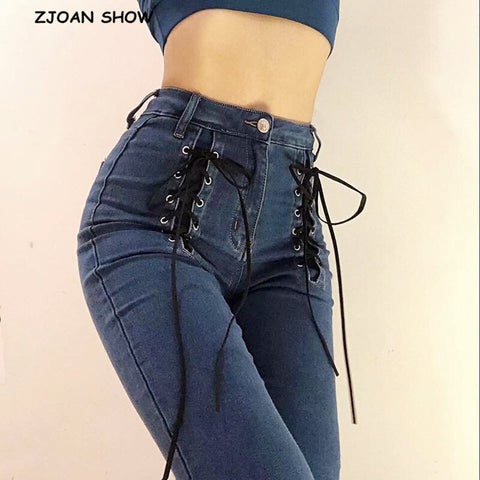 2022 Sexy Skinny Cross Lacing up High Waist Pencil Jeans Women Slim Fit Stretch Denim Pants Full Length Denim Tight Trousers