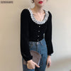 2023 Single Breasted Chic Serbaguna Kasual Lengan Panjang Blus Retro Renda O-Leher Bahasa Perancis Beludru Desain Kemeja